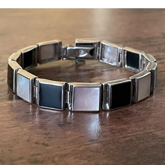 Vintage Sterling Silver Black Onyx Mother of Pearl Link Panel Bracelet 925 7" - Picture 3 of 10